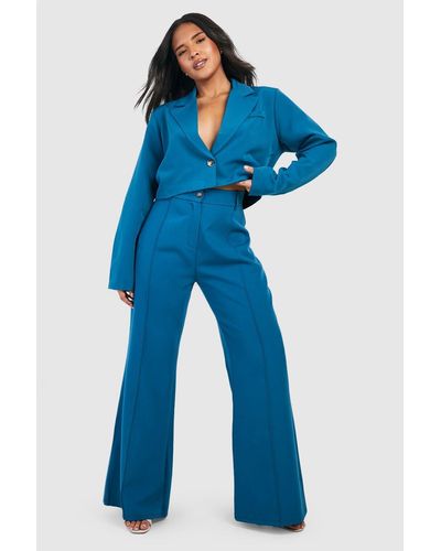 Boohoo Plus Woven Fit And Flare Tailored Trousers - Blue