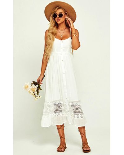 FS Collection Cotton Fabric Lace Trim Detail Strappy Maxi Dress In White - Natural