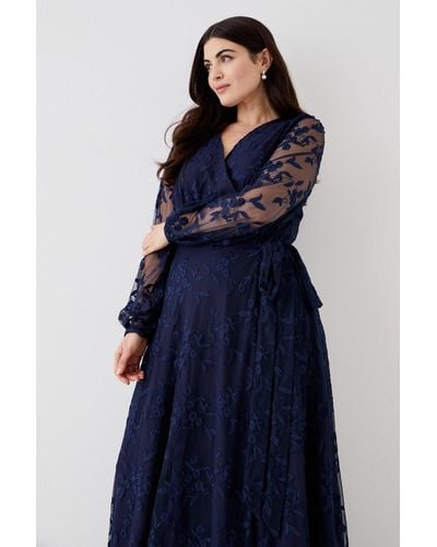 Coast Plus Size Embroidered Mesh Wrap Bridesmaids Dress - Blue