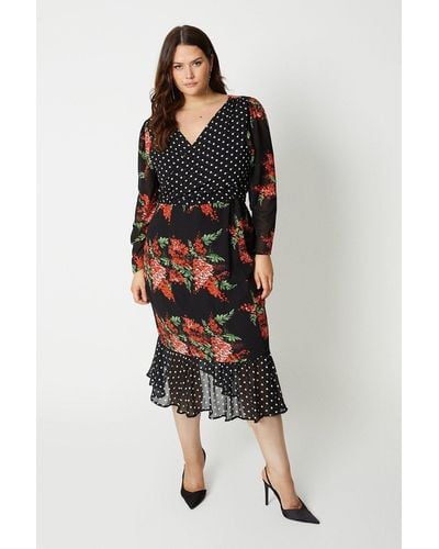 Coast Plus Size Wrap Front Print Mix Midi Dress - Black