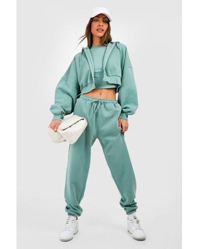 Boohoo 3 Piece Cropped Zip Through Hooded Tracksuit - Blue