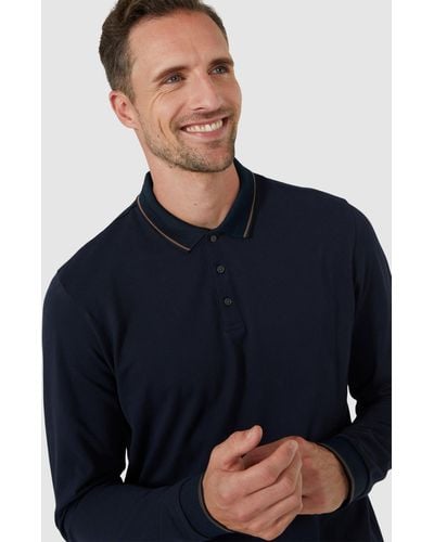 MAINE Jacquard Collar Long Sleeve Jersey Polo - Blue