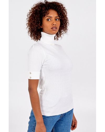 Blue Vanilla Cable Knit Roll Neck Short Sleeve Top - White