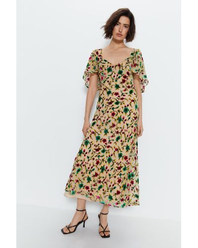 Warehouse Floral Devore Maxi Dress - Metallic