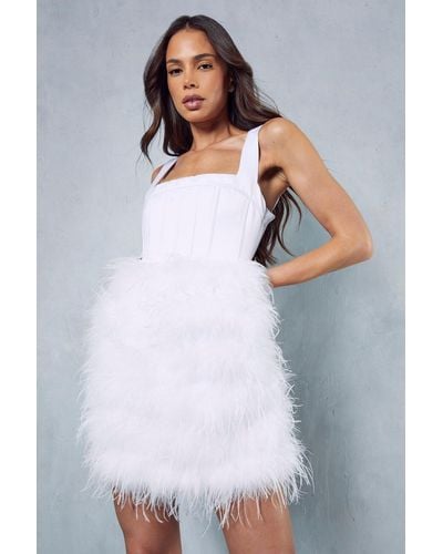 MissPap Premium Square Neck Corset Feather Skirt Mini Dress - White