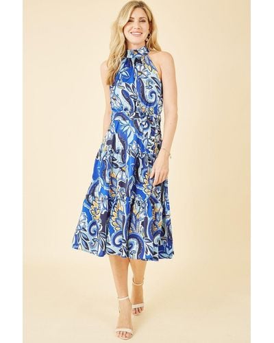 Mela Blue Paisley Floral Halter Neck Midi Dress