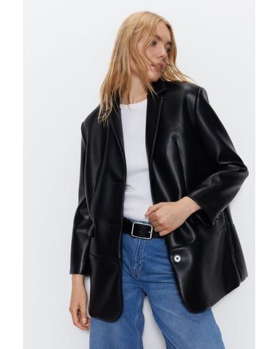 Warehouse Faux Leather Single Breasted Blazer - Black