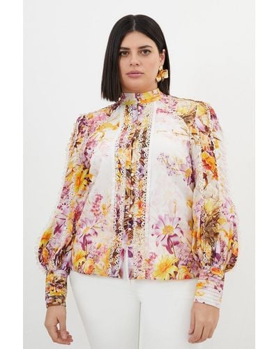 Karen Millen Plus Size Trailing Floral Woven High Neck Blouse - Multicolour