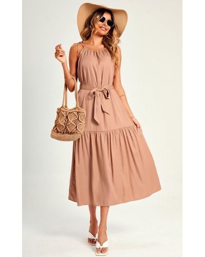 FS Collection Tie Halter Neck Tiered Midi Dress In Nude Pink - Natural