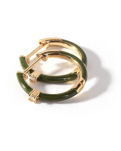 The Fine Collective Gold Plated Cubic Zirconia Forest Green Enamel Hoop Earrings - Metallic