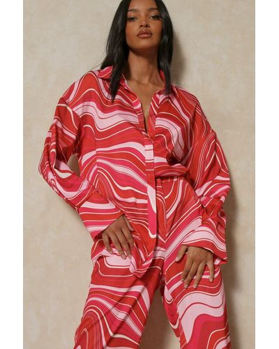 MissPap Satin Marble Print Oversized Shirt - Red