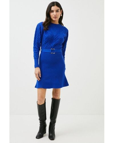 Karen Millen Petite Cable Knit Peplum Belted Dress - Blue