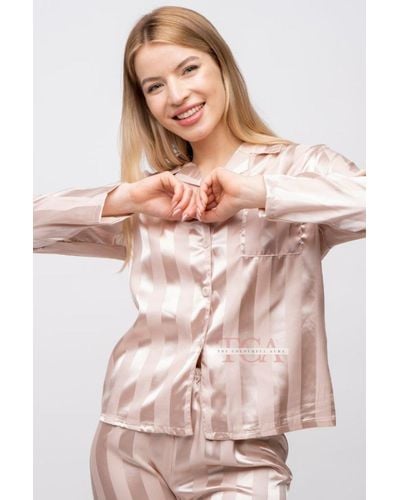 The Colourful Aura Beige Stripe Soft Satin Long Sleeve Night Suit Women's Silk Sleepwear Pyjama Set - Pink