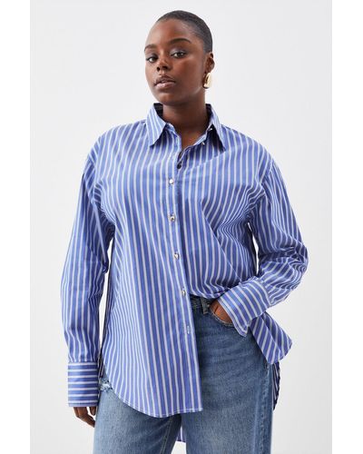 Karen Millen Plus Size Poplin Stripe Detail Boyfriend Shirt - Blue