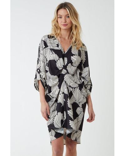 Blue Vanilla Twist Front Floral Print Tunic Dress - Grey