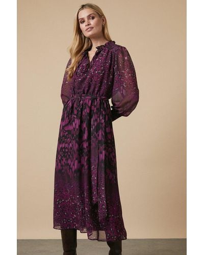 Wallis Pink Feather Border Shirred Belted Dress - Purple