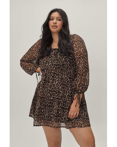 Nasty Gal Plus Size Leopard Print Smock Mini Dress - Brown