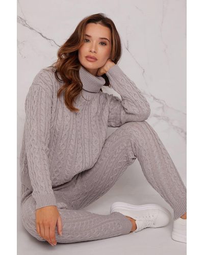 Chi Chi London Roll Neck Cable Knit Loungewear Set - Grey