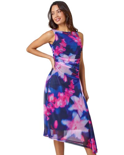 Roman Asymmetric Floral Stretch Mesh Dress - Purple
