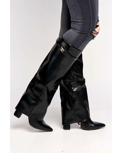 Miss Diva Padma Pointed Toe Block Heel Knee High Boots - Black