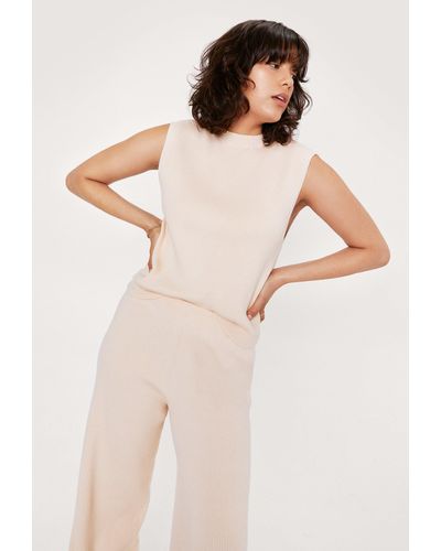 Nasty Gal Knitted Jumper Vest And Wide Leg Trousers Set - Natural