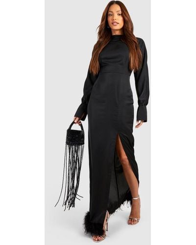 Boohoo Tall Split Side Fluffy Feather Trim Maxi Dress - Black