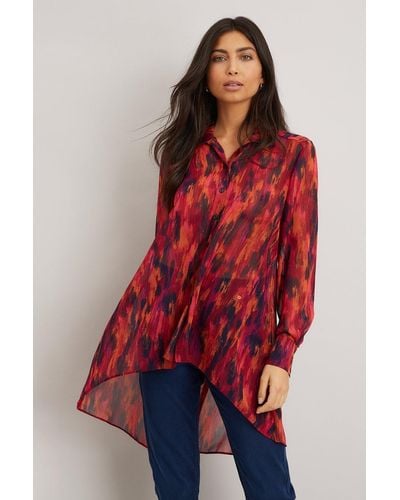 Wallis Berry Abstract Smudge Print Longline High Low Shirt - Red