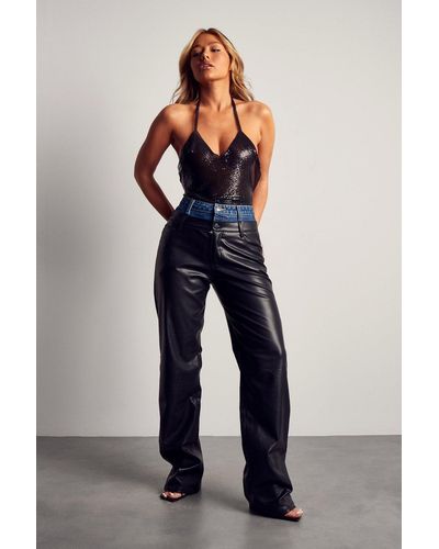 MissPap Double Waist Leather Look And Denim Trouser - Blue
