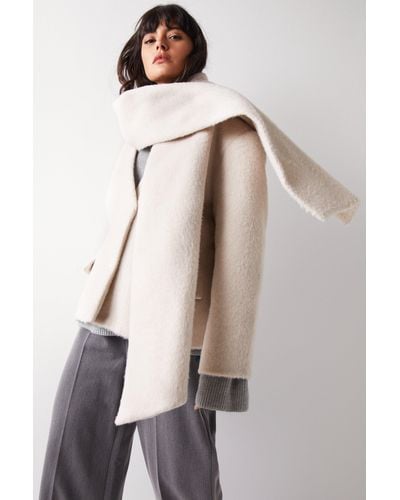 Warehouse Premium Brushed Wool Blend Scarf Coat - Natural