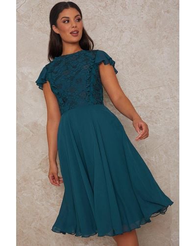 Chi Chi London Cap Sleeve Floral Crochet Midi Dress - Blue