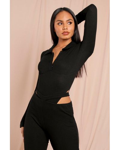 MissPap Ribbed Collared Button Front Bodysuit - Black