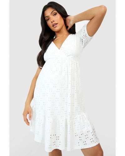 Boohoo Maternity Jersey Knit Eyelet Wrap Tiered Smock Dress - White