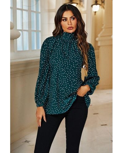 FS Collection Polka Dot Print Long Sleeve Back Tie Blouse Top In Green - Blue