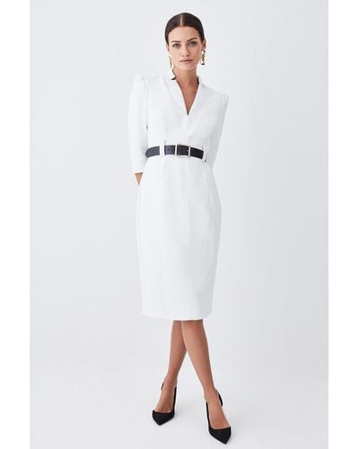 Karen Millen Petite Compact Stretch Belted Forever Belted Midi Dress - White