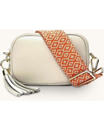 Apatchy London The Mini Tassel Stone Leather Phone Bag With Orange Cross-stitch Strap - Natural