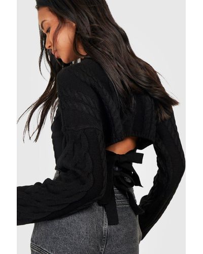Boohoo Cable Knitted Jumper With Back Ties - Black