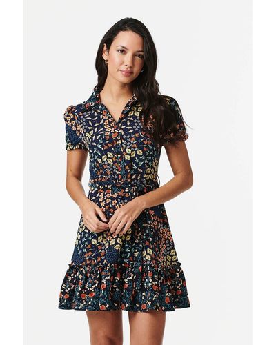 Izabel London Floral Mini Tiered Shirt Dress - Blue