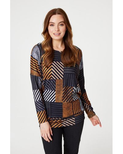Izabel London Patchwork Print Relaxed Fit Top - Brown