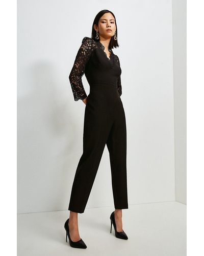 Karen Millen Italian Lace Long Sleeve Forever Jumpsuit - Black