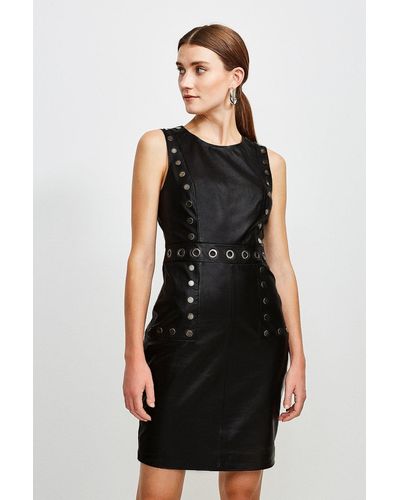 Karen Millen Eyelet Trim Leather Shift Dress - Black