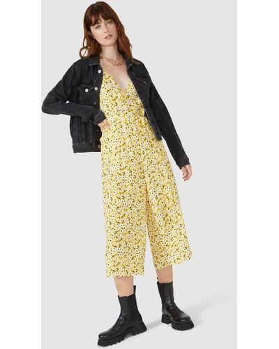 Red Herring Daisy Print Cropped Worker Jumpsuit - Yellow