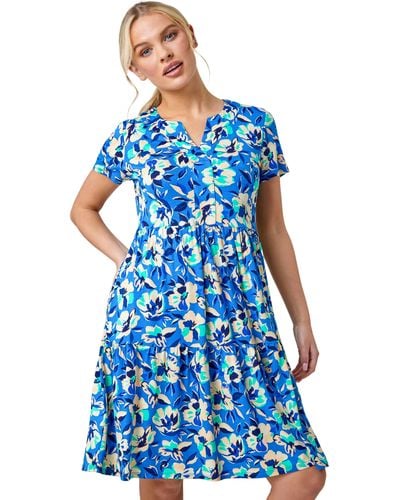 Roman Petite Tiered Floral Stretch T-shirt Dress - Blue