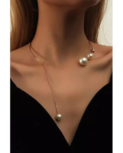 The Colourful Aura Big White Imitation Collarbone White Round Pearl Round Tassel Choker Necklace - Black