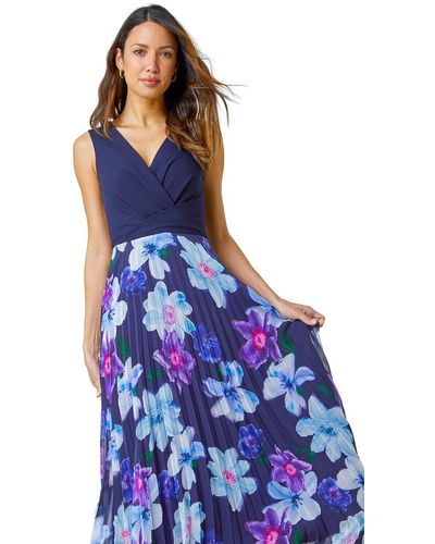 Roman Floral Print Pleated Maxi Dress - Blue