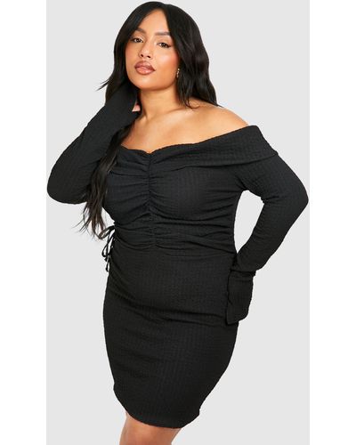 Boohoo Plus Textured Off Shoulder Ruched Bodycon Dress - Black