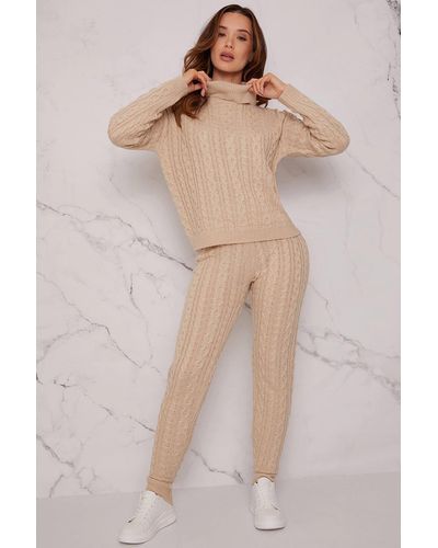 Chi Chi London Roll Neck Cable Knit Loungewear Set - Natural