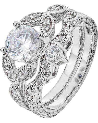 The Fine Collective Sterling Silver & Cubic Zirconia Vintage Style Leaf Ring Set - White