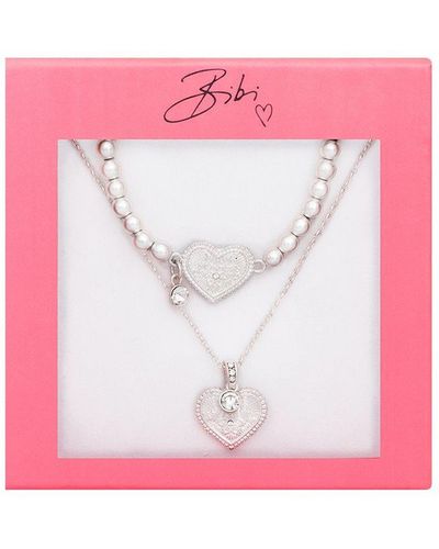 Bibi Bijoux Silver 'heart On Fire' Necklace & Bracelet Set - Pink