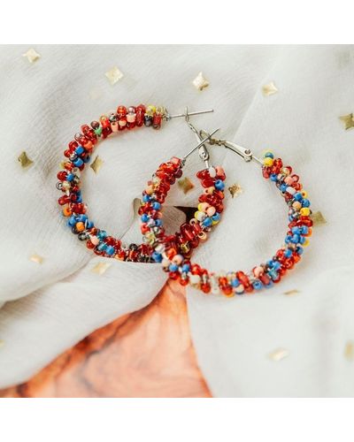 The Colourful Aura Large Multicolour Bead Hoop Earrings - Red