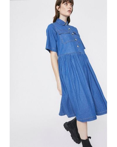 Warehouse Denim Full Skirt Midi Shirt Dress - Blue